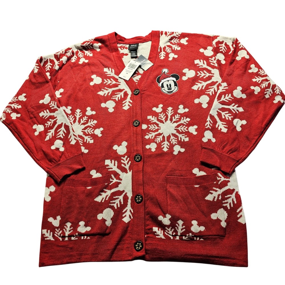Disney Her Universe Mickey Mouse Cardigan Small Red Snowflake Holiday Sweater NW